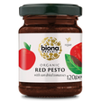 Biona Organic Red Pesto with sun dried tomatoes, 120g glass jar of vegan pesto.