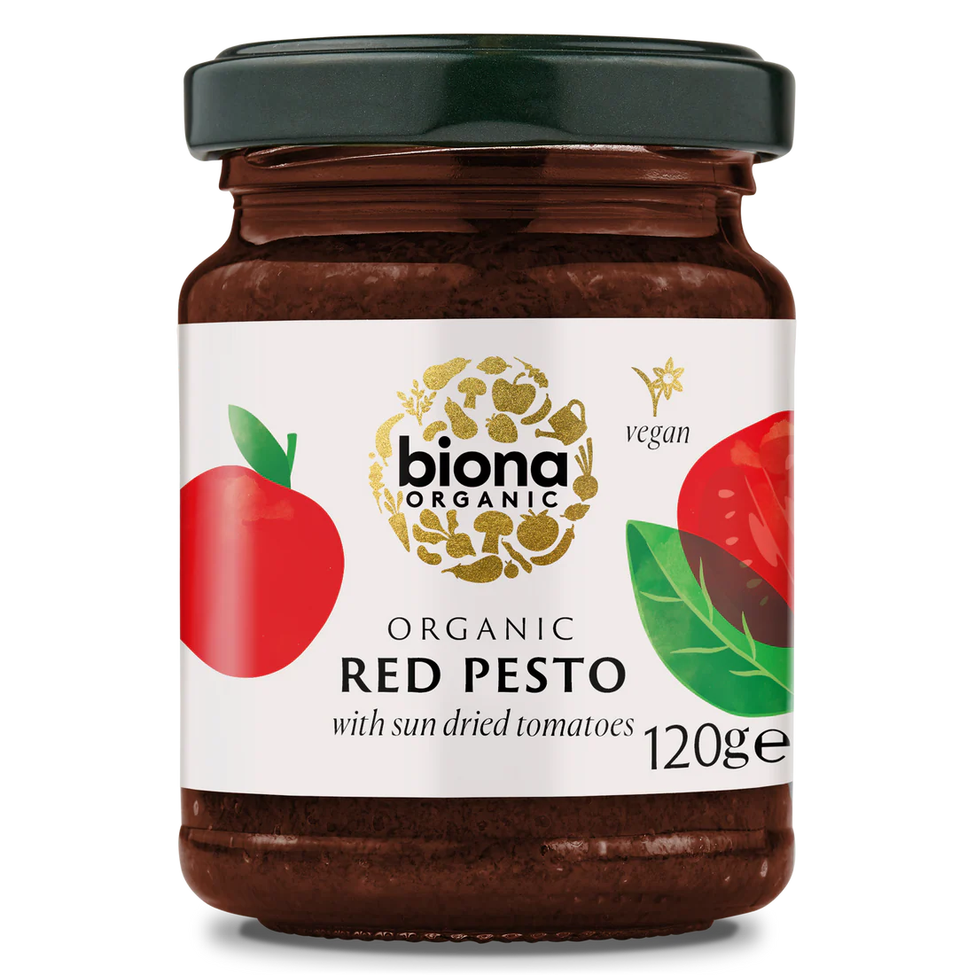 Biona Organic Red Pesto with sun dried tomatoes, 120g glass jar of vegan pesto.