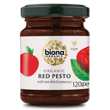Biona Organic Red Pesto with sun dried tomatoes, 120g glass jar of vegan pesto.