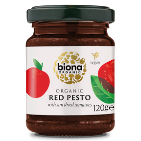 Biona Organic Red Pesto with sun dried tomatoes, 120g glass jar of vegan pesto.