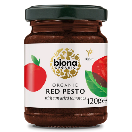 Biona Organic Red Pesto with sun dried tomatoes, 120g glass jar of vegan pesto.