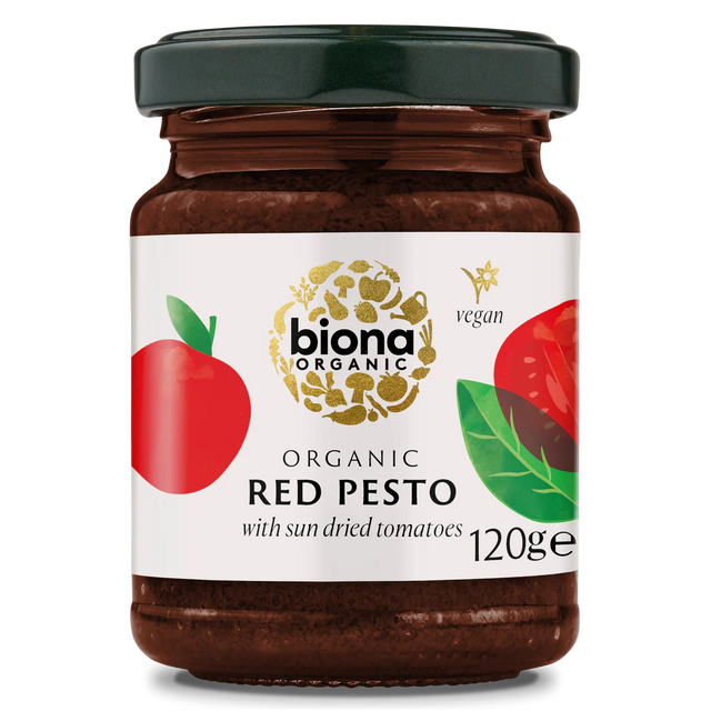 Biona Organic Red Pesto with sun dried tomatoes, 120g glass jar of vegan pesto.