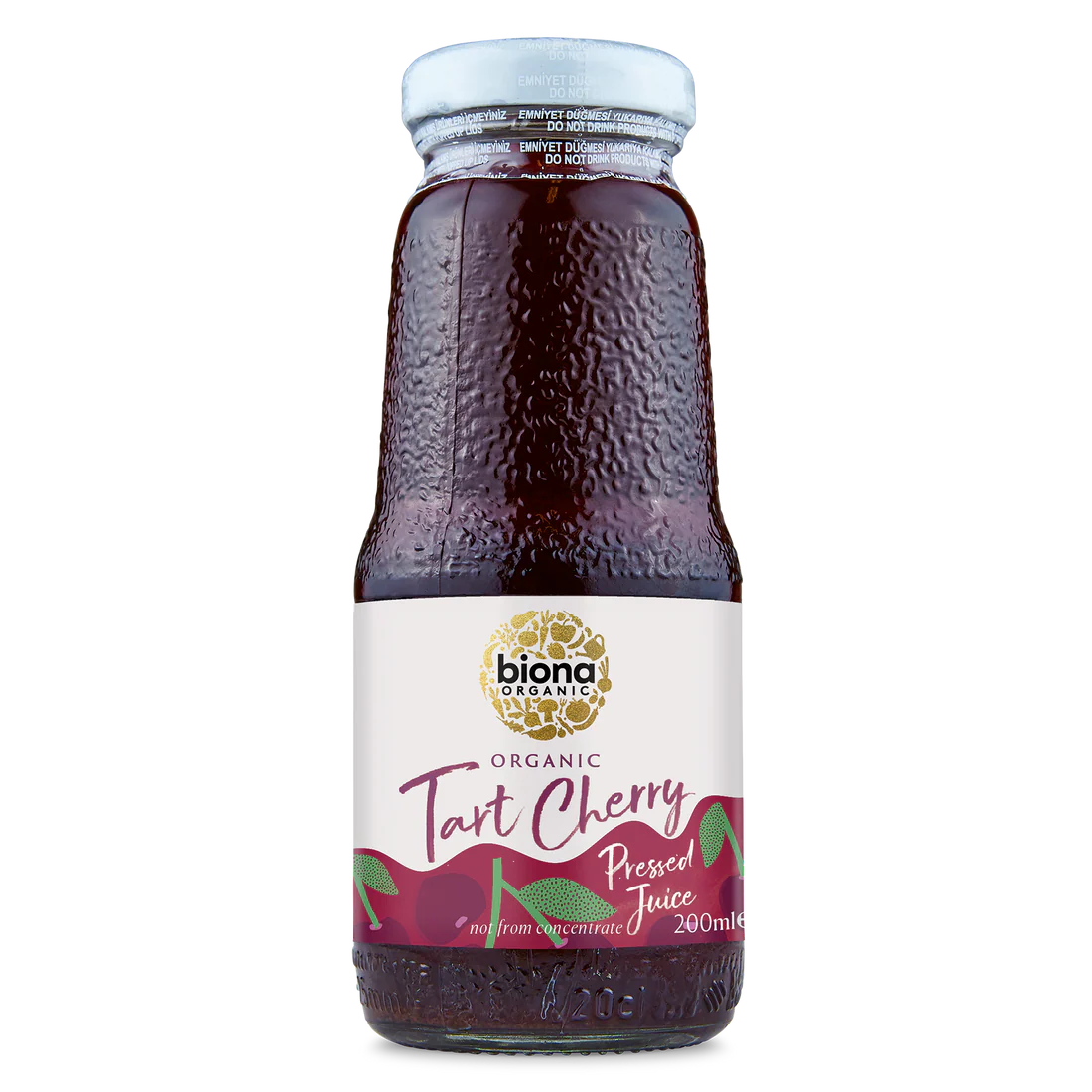 A 200ml glass bottle of Biona Organic Tart Cherry Pressed Juice.