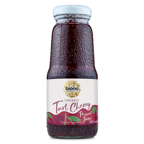 A 200ml glass bottle of Biona Organic Tart Cherry Pressed Juice.