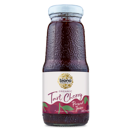 A 200ml glass bottle of Biona Organic Tart Cherry Pressed Juice.