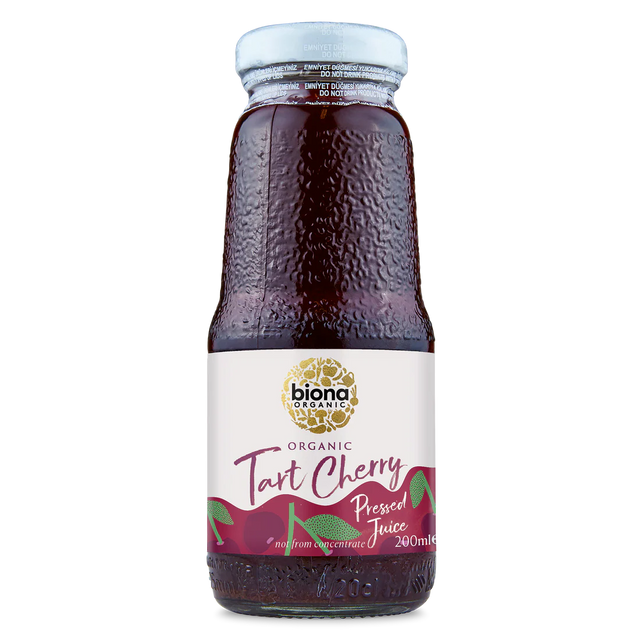 A 200ml glass bottle of Biona Organic Tart Cherry Pressed Juice.