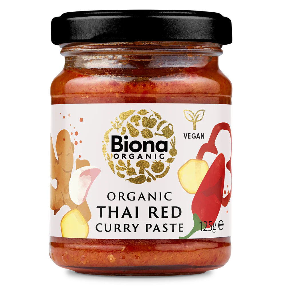 Biona Organic Thai Red Curry Paste, 125g glass jar of vegan curry paste.
