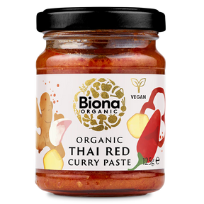 Biona Organic Thai Red Curry Paste, 125g glass jar of vegan curry paste.