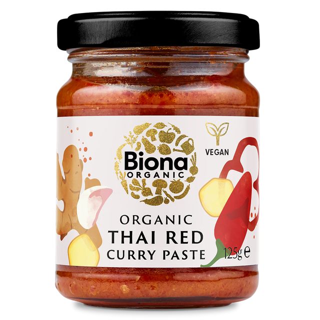 Biona Organic Thai Red Curry Paste, 125g glass jar of vegan curry paste.