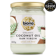 A 400g glass jar of Biona Organic Raw Virgin Coconut Oil with a gold lid.