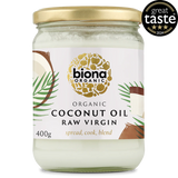 A 400g glass jar of Biona Organic Raw Virgin Coconut Oil with a gold lid.