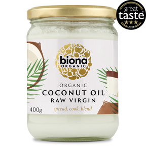A 400g glass jar of Biona Organic Raw Virgin Coconut Oil with a gold lid.