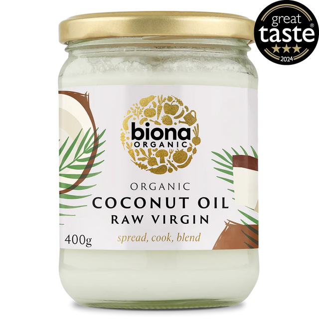 A 400g glass jar of Biona Organic Raw Virgin Coconut Oil with a gold lid.