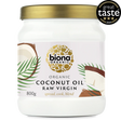 An 800g glass jar of Biona Organic Raw Virgin Coconut Oil with a gold lid.
