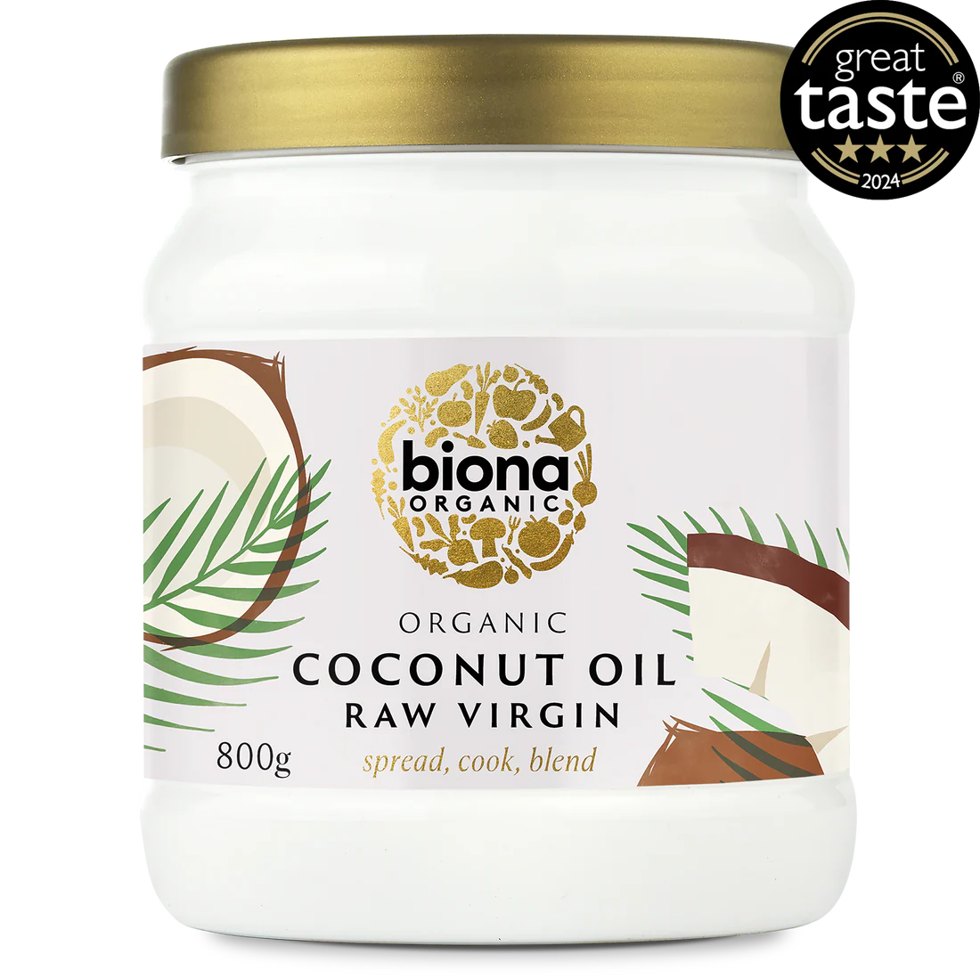 An 800g glass jar of Biona Organic Raw Virgin Coconut Oil with a gold lid.
