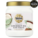 An 800g glass jar of Biona Organic Raw Virgin Coconut Oil with a gold lid.