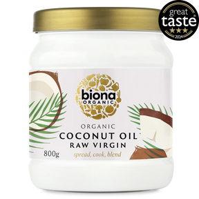 An 800g glass jar of Biona Organic Raw Virgin Coconut Oil with a gold lid.