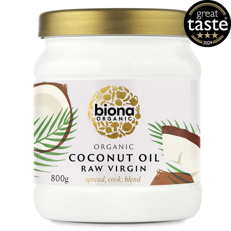 An 800g glass jar of Biona Organic Raw Virgin Coconut Oil with a gold lid.