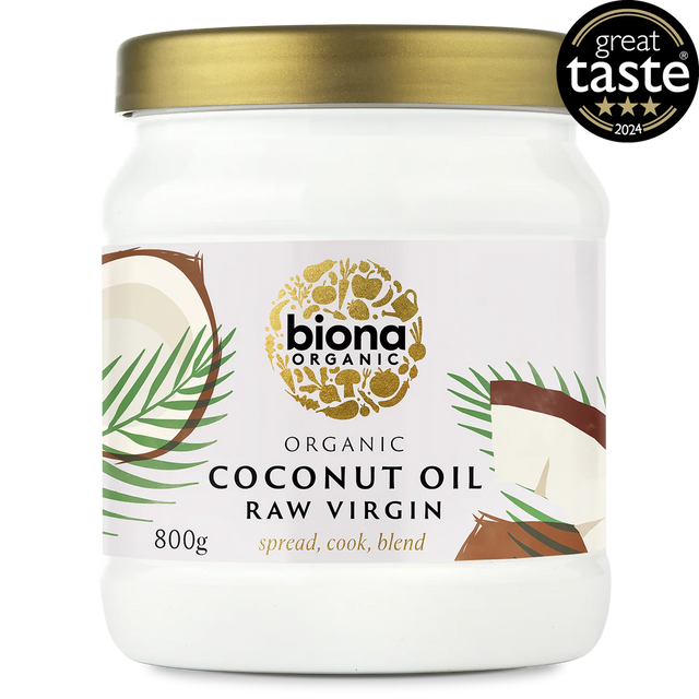 An 800g glass jar of Biona Organic Raw Virgin Coconut Oil with a gold lid.