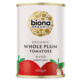 Biona Organic Whole Plum Tomatoes in a rich tomato juice, 400g BPA-free can.