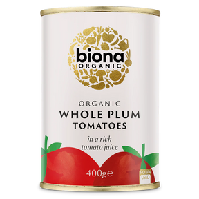 Biona Organic Whole Plum Tomatoes in a rich tomato juice, 400g BPA-free can.
