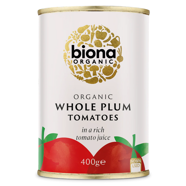 Biona Organic Whole Plum Tomatoes in a rich tomato juice, 400g BPA-free can.