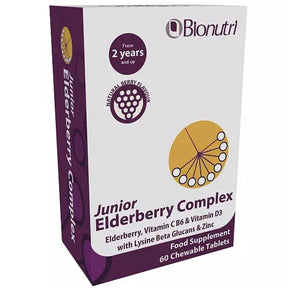 Bionutri Junior Elderberry Complex liquid for kids immune support with Vitamin C Vitamin D3 and Zinc 90 chewables.