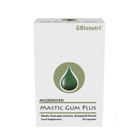 Box of QBionutri Mastic Gum Plus supplement on a white background