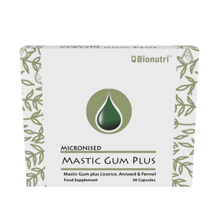 Bionutri Micronised Mastic Gum Plus, 30 capsules, food supplement containing Mastic Gum, Licorice, Aniseed, and Fennel.