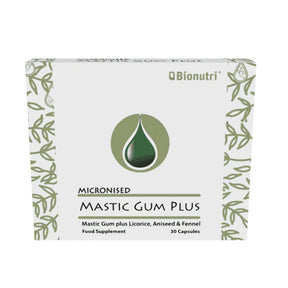 Bionutri Micronised Mastic Gum Plus, 30 capsules, food supplement containing Mastic Gum, Licorice, Aniseed, and Fennel.