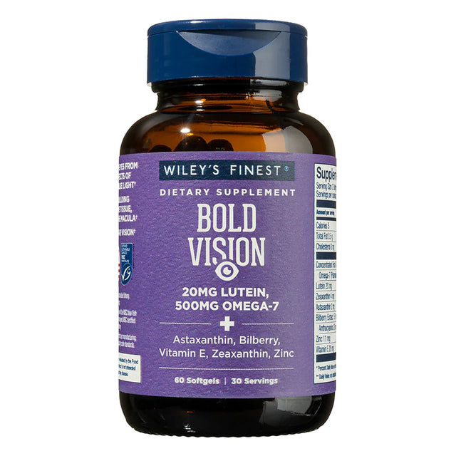 Wiley's Finest Bold Vision dietary supplement in a dark amber bottle with a blue cap.