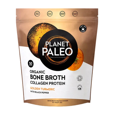 Planet Paleo Golden Turmeric bone broth collagen protein pouch with black pepper illustration.