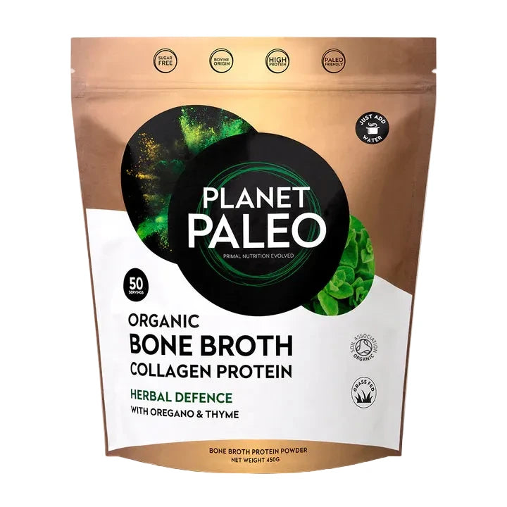 Planet Paleo Organic Bone Broth Herbal Defence pouch featuring oregano and thyme illustrations.