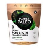 Planet Paleo Organic Bone Broth Herbal Defence pouch featuring oregano and thyme illustrations.