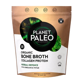 Planet Paleo Organic Bone Broth Herbal Defence pouch featuring oregano and thyme illustrations.