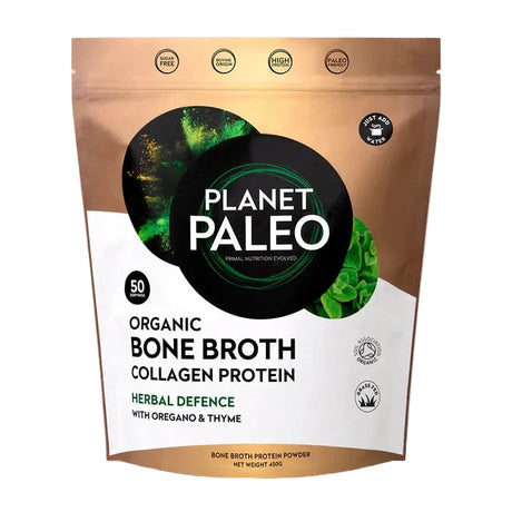 Planet Paleo Organic Bone Broth Herbal Defence pouch featuring oregano and thyme illustrations.