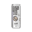 Tall silver can of sparkling coconut water on black background. Bold text reads "Organic Natural," with a coconut illustration and bubbles. Mood is fresh and healthy.