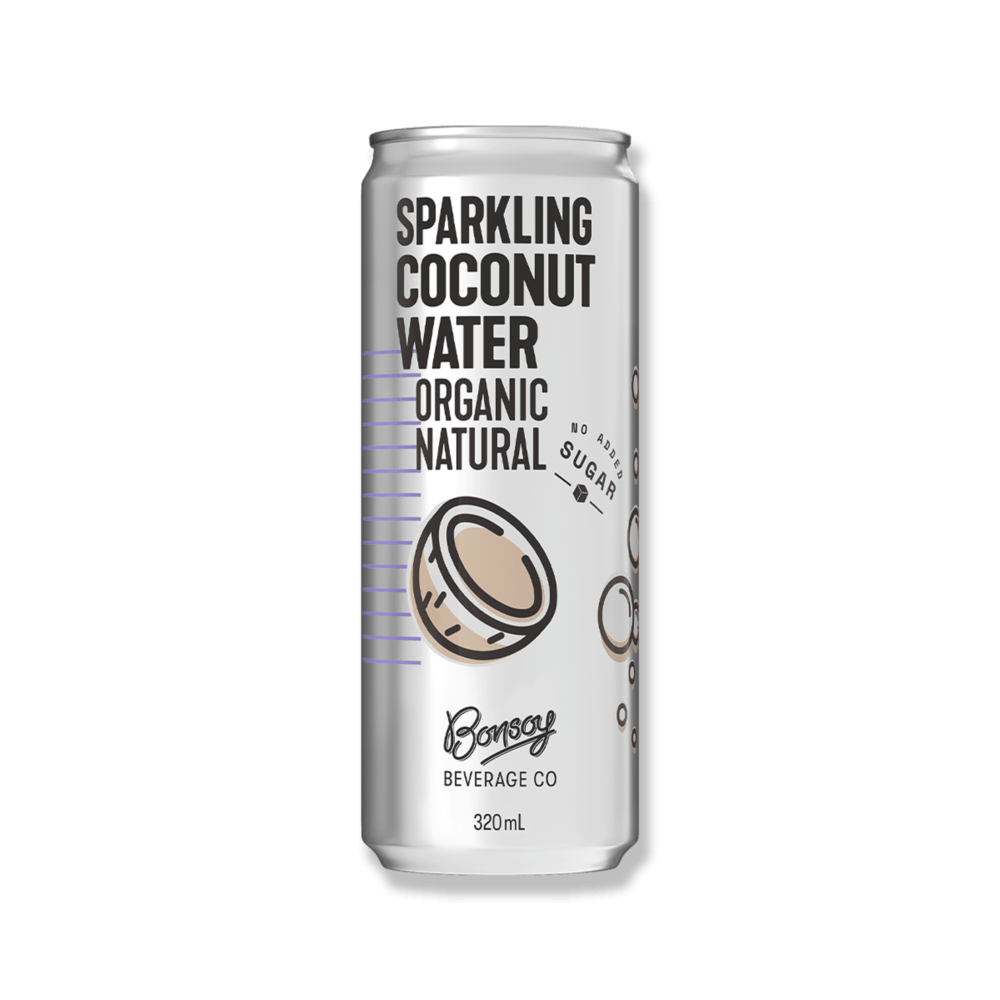 Tall silver can of sparkling coconut water on black background. Bold text reads "Organic Natural," with a coconut illustration and bubbles. Mood is fresh and healthy.