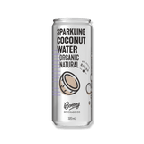 Tall silver can of sparkling coconut water on black background. Bold text reads "Organic Natural," with a coconut illustration and bubbles. Mood is fresh and healthy.