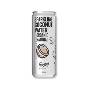 Tall silver can of sparkling coconut water on black background. Bold text reads "Organic Natural," with a coconut illustration and bubbles. Mood is fresh and healthy.