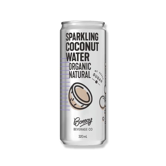 Tall silver can of sparkling coconut water on black background. Bold text reads "Organic Natural," with a coconut illustration and bubbles. Mood is fresh and healthy.