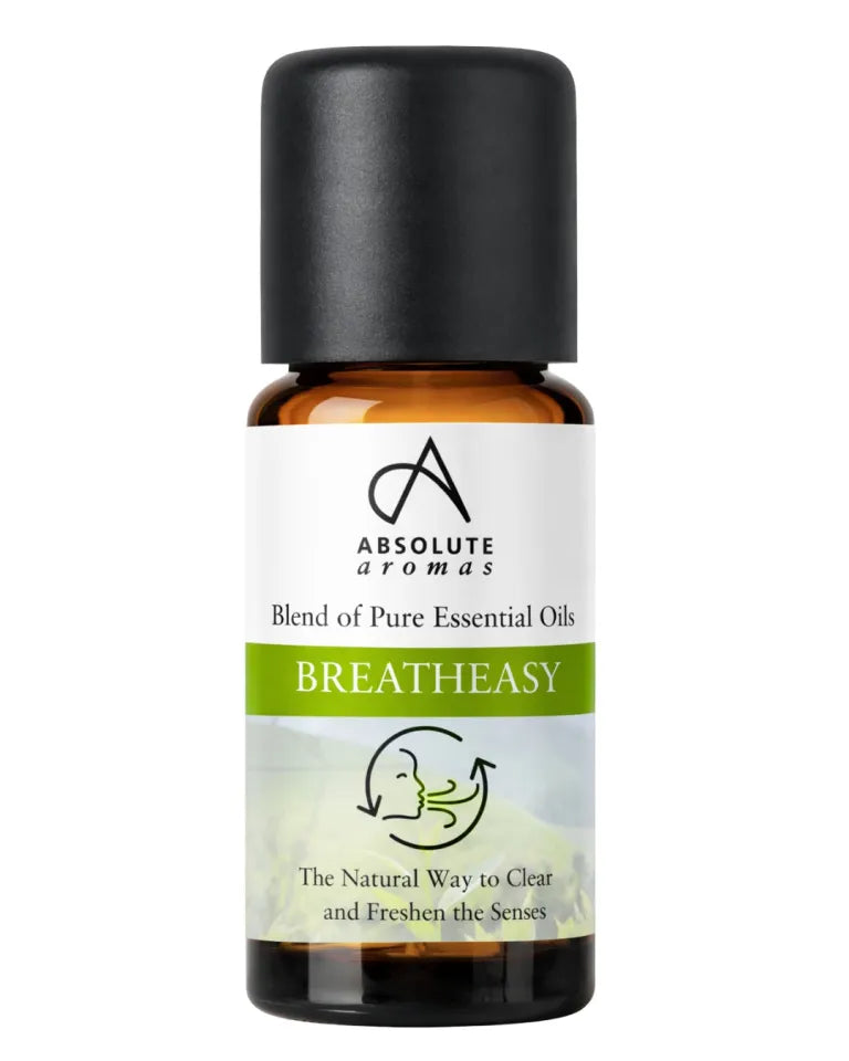 Absolute Aromas Breatheasy is a blend of pure essential oils designed as a natural way to clear and freshen the senses, packaged in an amber glass bottle with a black cap.