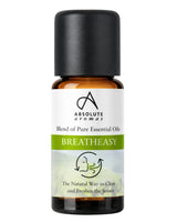 Absolute Aromas Breatheasy is a blend of pure essential oils designed as a natural way to clear and freshen the senses, packaged in an amber glass bottle with a black cap.