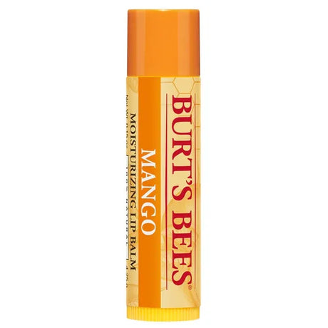 A Burt’s Bees "Mango" Moisturizing Lip Balm tube, featuring a vibrant orange cap and a cream-colored label with a subtle honeycomb pattern.