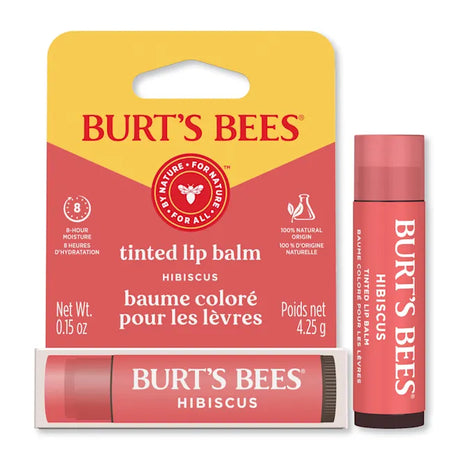 Burt’s Bees Tinted Lip Balm in "Hibiscus," featuring a coral-pink tube and its corresponding retail hang-tag packaging. 