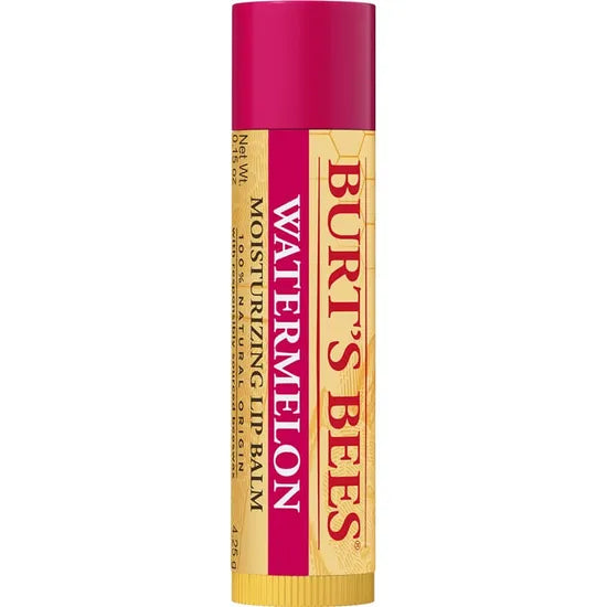 A Burt’s Bees "Watermelon" Moisturizing Lip Balm tube, featuring a deep pink cap and a cream-colored label with a faint honeycomb pattern. 