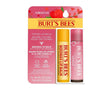 Burt's Bees lip balm packaging with pink and yellow design on a white background