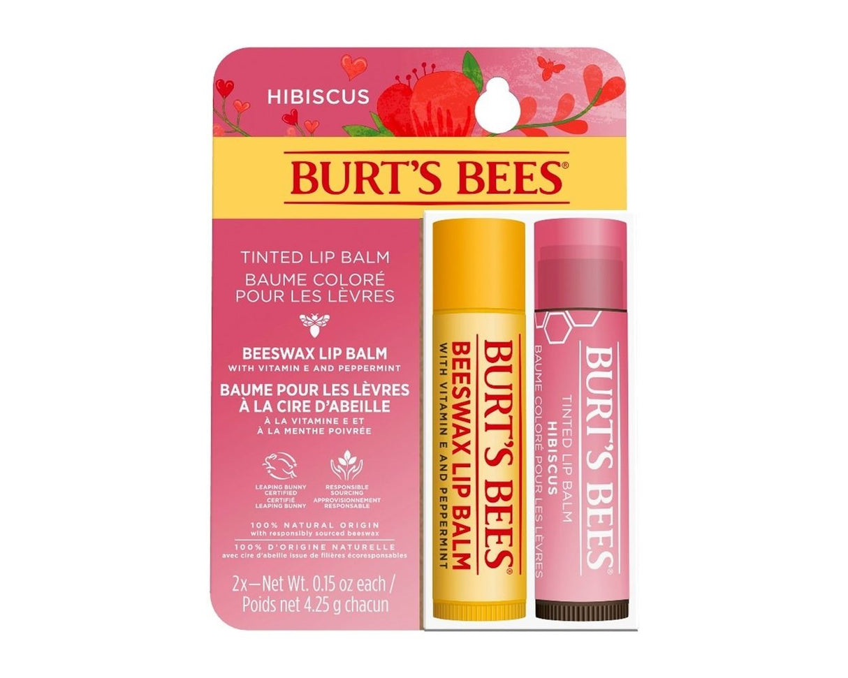 Burt's Bees lip balm packaging with pink and yellow design on a white background