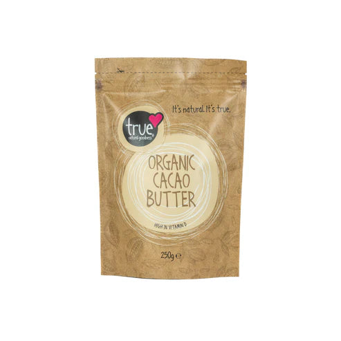 A 250g brown paper pouch of True Organic Cacao Butter featuring a cream-colored circular label and cacao bean illustrations.