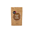 A 120g brown paper pouch of True Organic Cacao Powder with a brown circular logo and cacao bean illustrations.